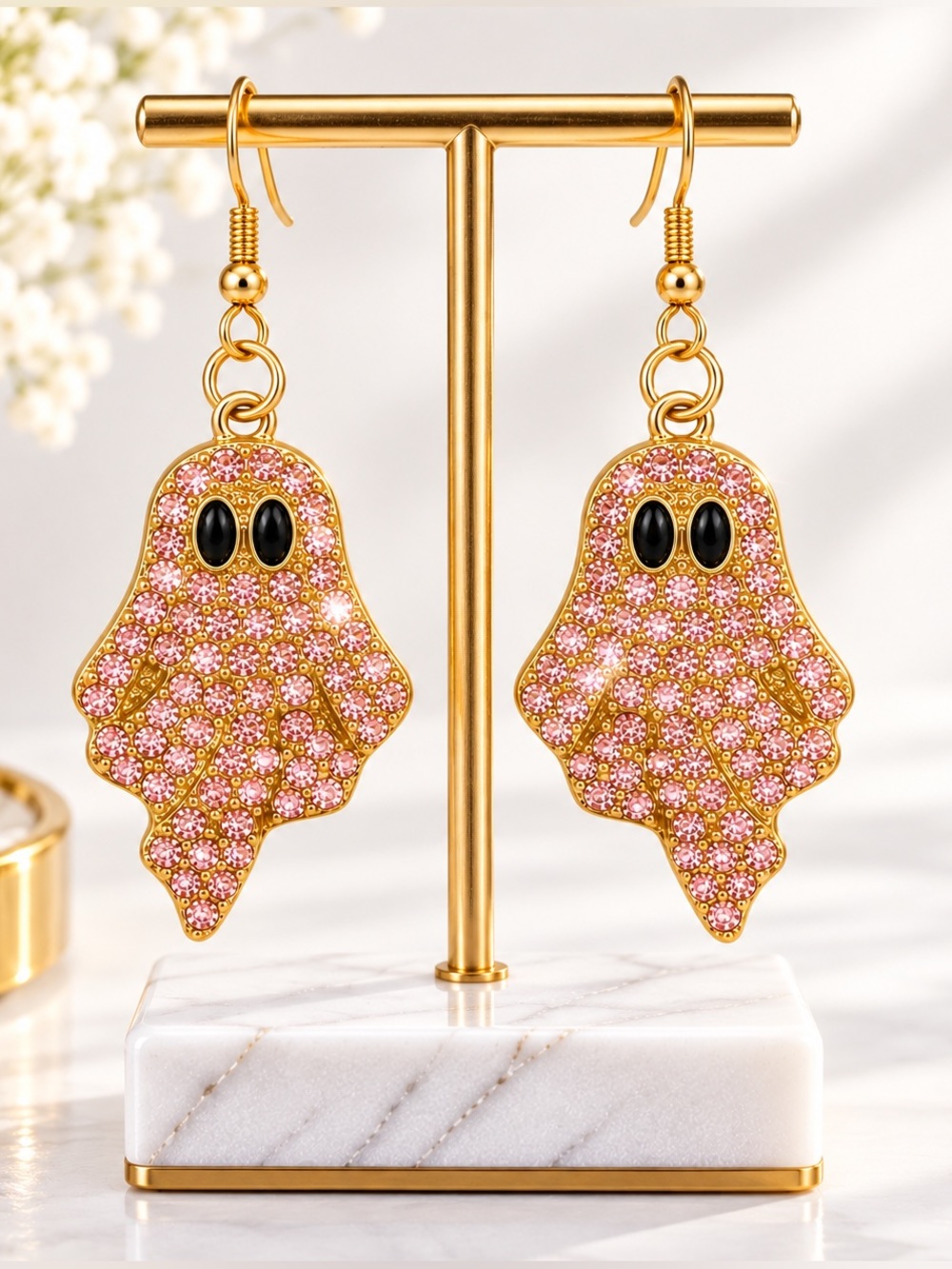 Gold Pink AB Rhinestone Ghost Dangle Earrings Iridescent Halloween Goth Glam NEW